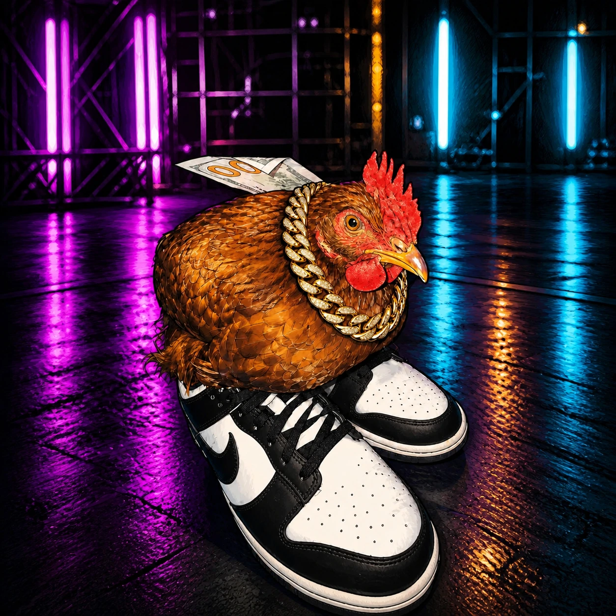 A confident chicken wearing a gold chain and black-and-white sneakers in a neon club